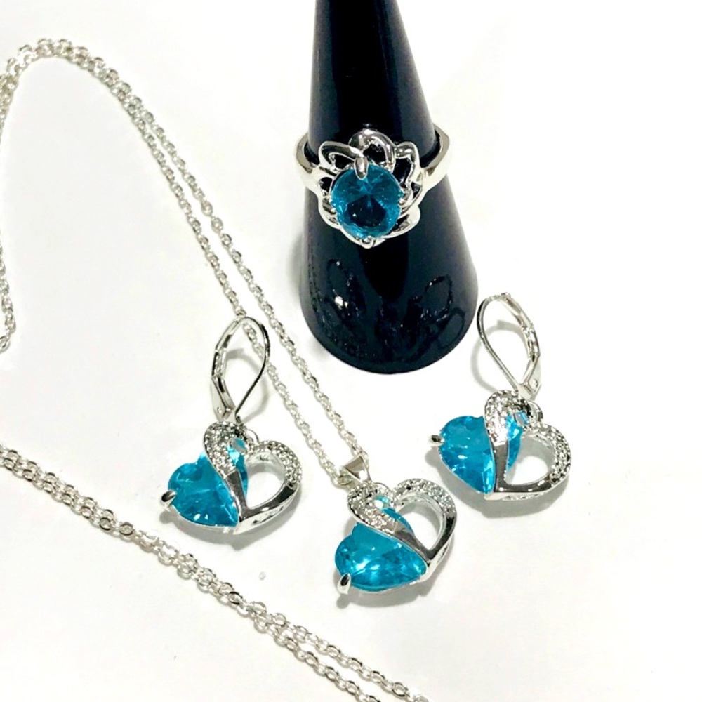 Aquamarine Topaz White Gold Filled Set
Double Heart Necklace & Earrings, +
